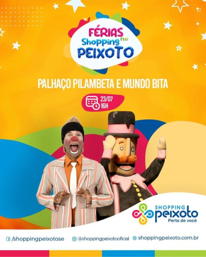 Palhaço Pilambeta e Mundo Bita fazem espetáculo no Shopping Peixoto neste sábado, 23￼